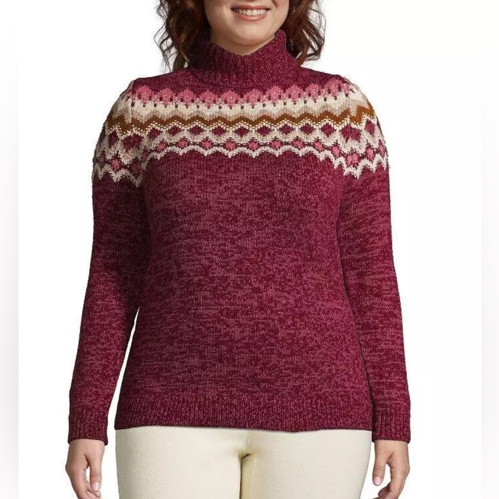 Lands' End Fair Isle Turtleneck Sweater Women's 2X Burgundy‎ Cotton Wool Blend
